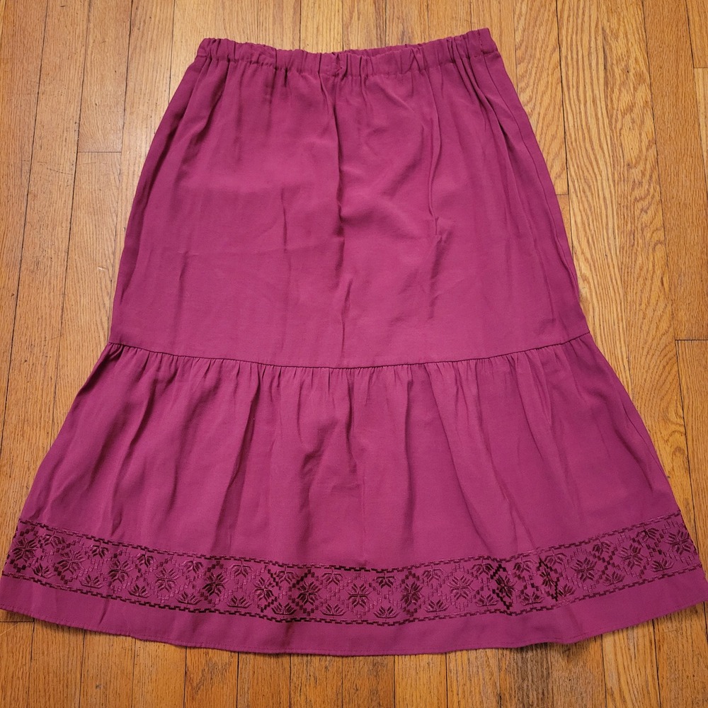 TravelSmith Pink Tiered Midi Skirt Embroidered Hem L Boho Modest Prairue Gypsy